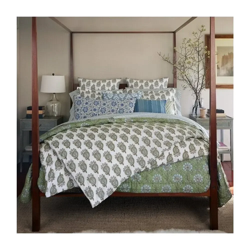 JOHN ROBSHAW $425 Nilay Leaf organic king green white duvet cover